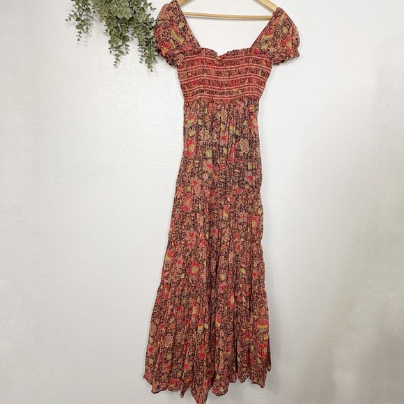 Free People Getaway Red Floral Print Tiered Maxi Dress Smocked XS - Picture 8 of 10